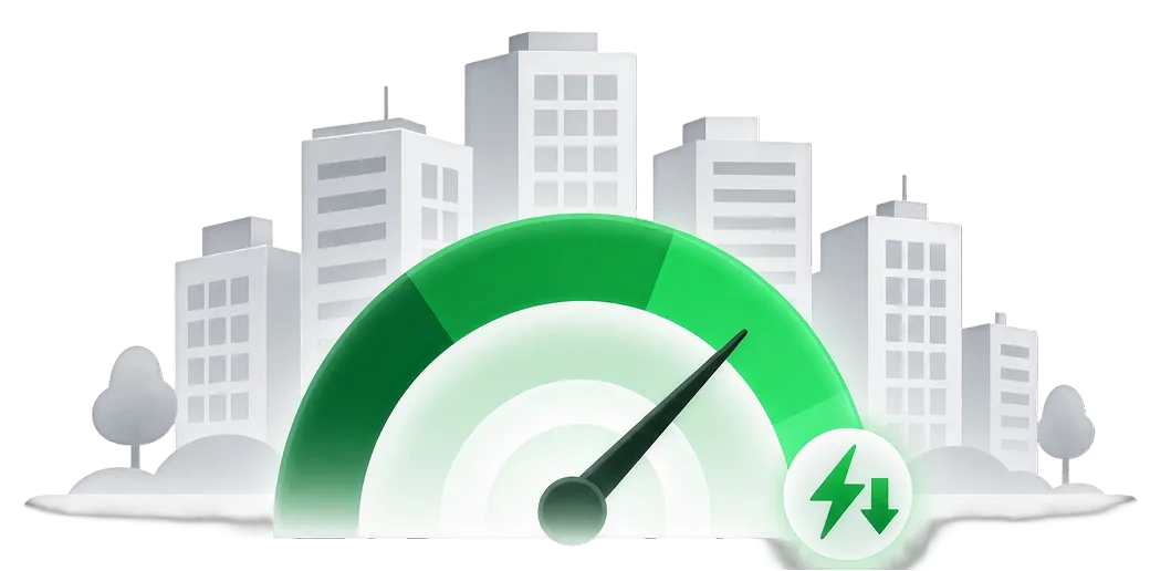 Efficiency gauge reading in the green in front of a city skyline